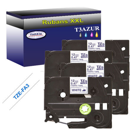 4 x Rubans d'étiquettes textile générique Brother Tze-FA3 pour étiqueteuses P-touch - Texte bleu sur fond blanc - T3AZUR