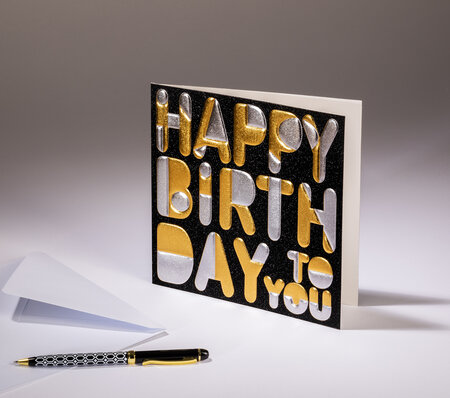 Carte double sparkle - happy birthday - papier paillette noire  dorures or et argent