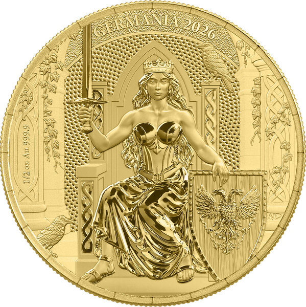 Monnaie GERMANIA Queen on the Throne 1/2 Oz Or 50 Mark Germania 2026 (PRÉCOMMANDE)