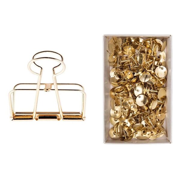 6 pinces double-clip doré 19 mm + 150 punaises dorées