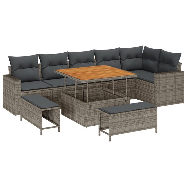 Ensemble de Canapé de Jardin 9 Pièces avec Coussins Gris Poly Rattan Acacia