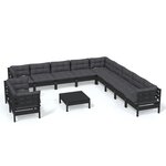 vidaXL Salon de jardin 12 Pièces avec coussins Noir Bois de pin solide