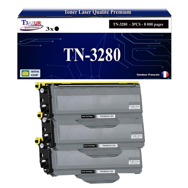 T3AZUR - 3x Toners compatibles avec Brother TN3280  TN3230  pour Brother DCP-8070  DCP-8070D  DCP-8080DN  DCP-8085DN - 8 000 pages