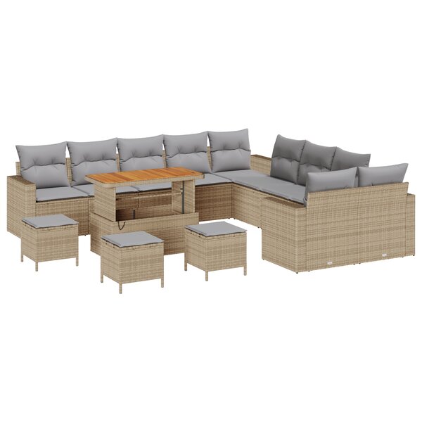 vidaXL Canapé de jardin 14 pièces avec coussins en poly rotin beige et acacia.