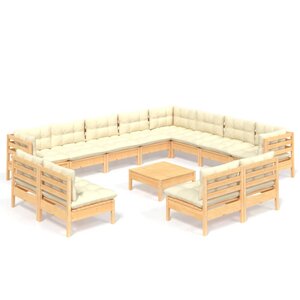 Salon de jardin meuble d'extérieur ensemble de mobilier 13 pièces avec coussins crème bois de pin solide 02_0015733