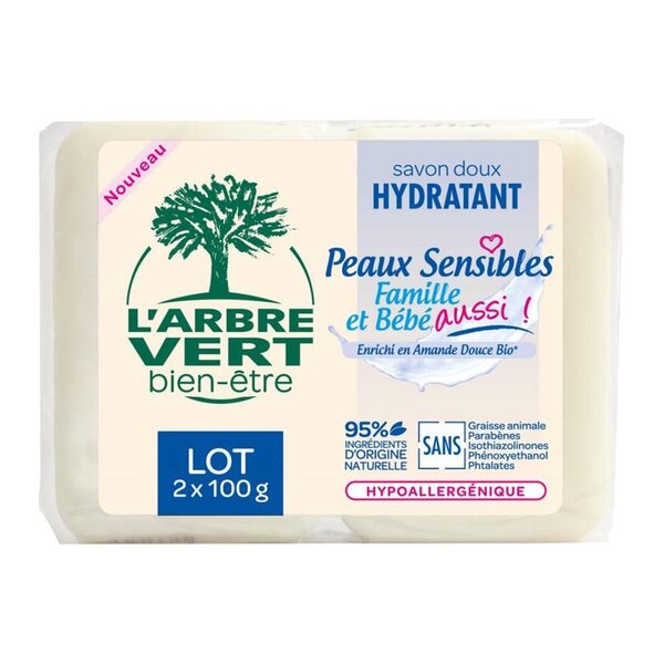 L'Arbre Vert Savon Doux Hydratant Peaux Sensibles Famille et Bébé à l’Amande Douce Bio par 2 de 100g (lot de 6 soit 12 savons)