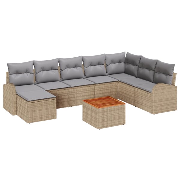Canapé de Jardin 9 Pièces avec Coussins Beige Poly Rattan Acacia