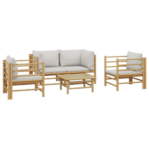 Salon de jardin meuble d'extérieur ensemble de mobilier 5 pièces avec coussins gris clair bambou 02_0016385
