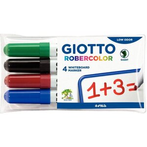 Marqueur effaçable GIOTTO Pochette 4 pointe ogive 7mm, bleu, rouge, noir, vert. Odeur neutre.