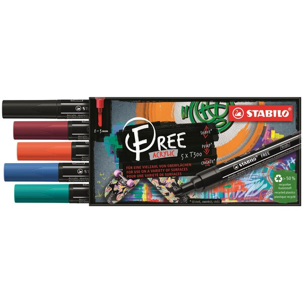 Etui carton 5 marqueurs pointe moyenne FREE acrylic T300 Set 2 'Urban' STABILO
