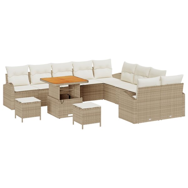 vidaXL Set de canapé de jardin de 13 pièces avec des coussins en poly rotin beige et en acacia.