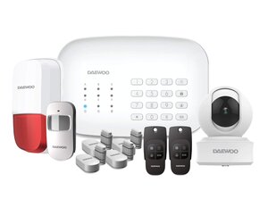 DAEWOO Système d'alarme connecté WiFi/GSM Modèle Vision+ avec sirène et Batterie intégrées, RFID, livré avec 9 Accessoires, 1 Caméra intérieur DAEWOO IP501 Full HD et 1 Sirène extérieure
