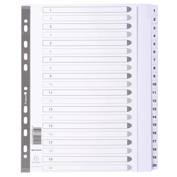 Intercalaires Imprimés À Touches Plastifiées - 20 Touches 1 À 20 - A4 Maxi - Blanc - Exacompta
