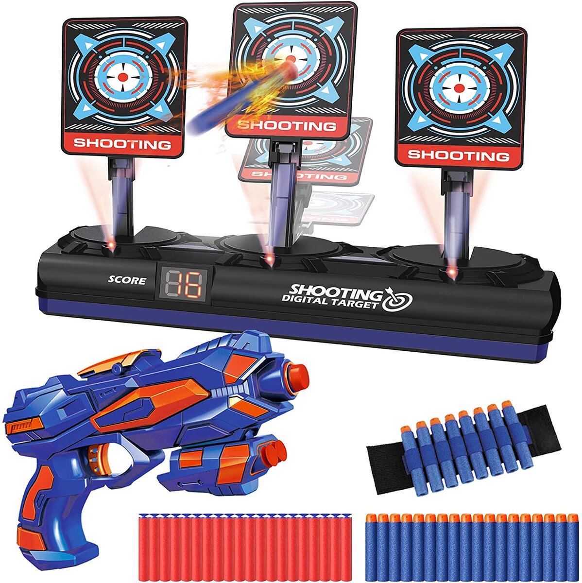 Pistolet avec 40 flèchettes en mousse et 3 cibles électronique bleu orange  - La Poste