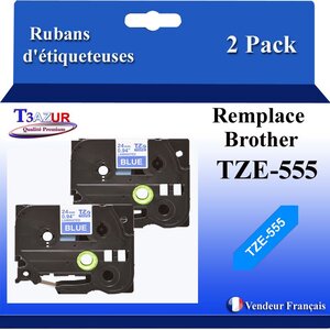 2x Rubans d'étiqueteuses compatibles avec Brother Tze555  Tze-555 pour étiqueteuses P-touch - Texte blanc sur fond bleu - T3AZUR