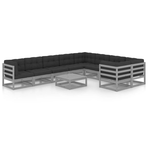 vidaXL Salon de jardin 10 Pièces avec coussins Gris Bois de pin massif