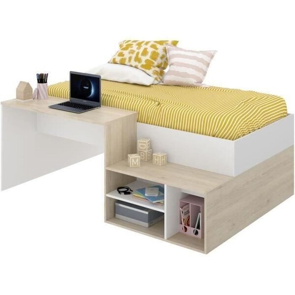 Lit combiné enfant KRIC - chêne naturel et blanc - Bureau et rangement - 90 x 190 cm