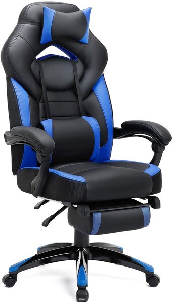 Fauteuil gamer ergonomique chaise gaming fauteuil de bureau avec repose-pieds télescopique appui-tête réglable support lombaire capacité de charge 150 kg lbeu et noir 12_0000603