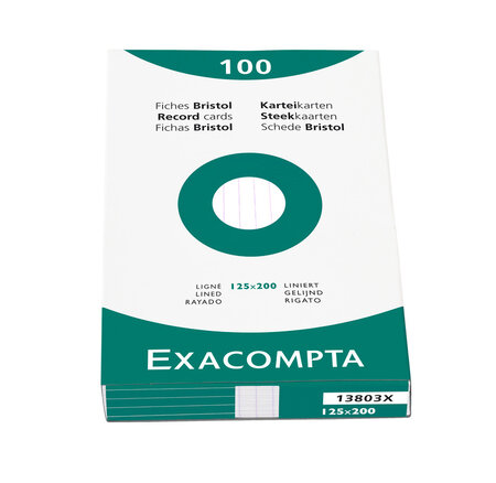 Étui de 100 fiches bristol blanc ligné non perforé 125x200mm Blanc EXACOMPTA