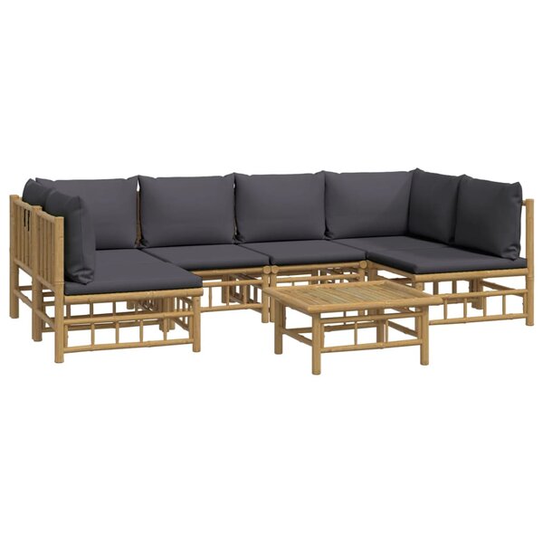 Salon de jardin meuble d'extérieur ensemble de mobilier 7 pièces avec coussins gris foncé bambou 02_0017195