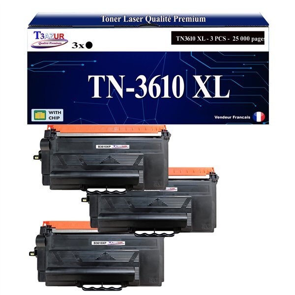 T3AZUR- 3x Toners compatibles avec brother TN3610  TN3610XL Noir (25 000 pages)