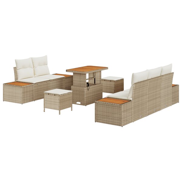 Ensemble de Canapé de Jardin 8 Pièces avec Coussins Beige Poly Rattan Acacia