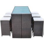 vidaXL Meuble de bar de jardin 7 Pièces et coussins Résine tressée Marron