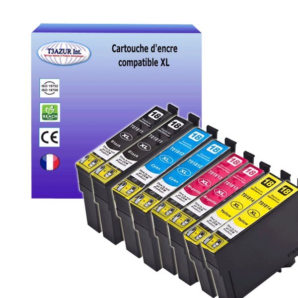 8 Cartouches Compatibles pour Epson T1811/ T1812/ T1813/ T1814 (18XL) - T3AZUR