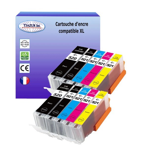 10 Cartouches compatibles avec Canon Pixma iP3600, iP4600, iP4700, MP540, MP550, MP560, MP620 remplace Canon PGI-520 XL, CLI-521 XL - T3AZUR