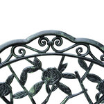 Banc de jardin 2 places style néo-rétro motif rose lignes fuselées 100l x 54l x 78h cm fonte d'aluminium vert vieilli