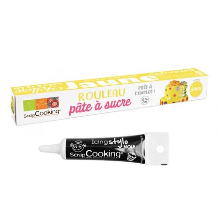 Pâte à sucre en rouleau jaune Ø 36 cm + Stylo de glaçage noir