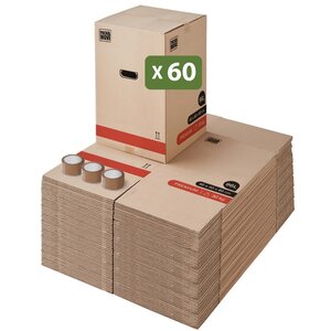 Pack and Move - Lot 60 Cartons Déménagement Premium - 40 X 40 X 60 Cm - Résistance 30 KG - Double Épaisseur - Poignées Renforcées - 3 Adhésifs Offerts