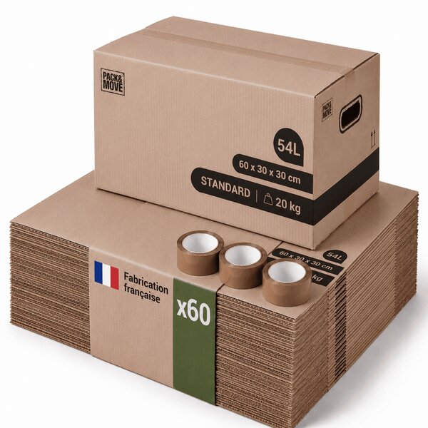 Pack and Move - Lot 60 cartons déménagement stockage standard - 60 x 30 x 30 cm - Poignées renforcées - 3 adhésifs offerts
