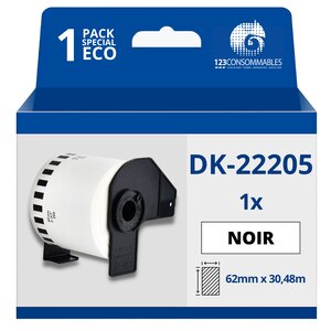 Étiquettes compatibles Brother DK22205 - Largeur 62 mm x 30 48 mètres - Texte noir sur fond blanc