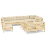 vidaXL Salon de jardin 10 Pièces avec coussins crème bois de pin massif
