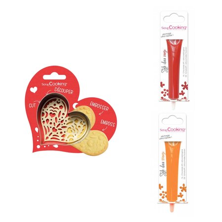 Kit pour biscuit en relief Coeur + 2 Stylos au chocolat rouge et orange