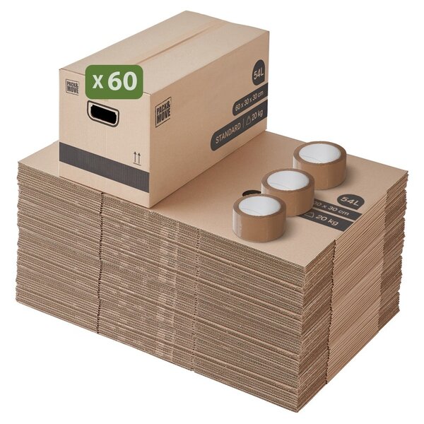 Pack and Move - Lot 60 cartons déménagement stockage standard - 60 x 30 x 30 cm - Poignées renforcées - 3 adhésifs offerts