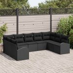 vidaXL Ensemble de canapé de jardin avec coussin 9 Pièces Noir Poly rotin