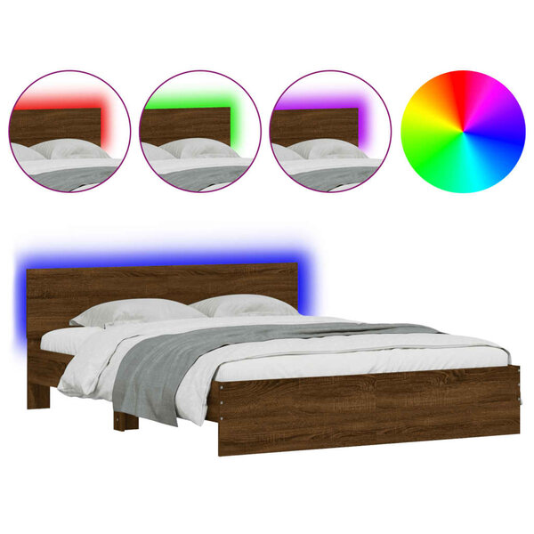 vidaXL Cadre de lit avec tête de lit et LED chêne marron 160x200 cm