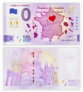 Billet de Collection 0 euro souvenir J'aime la France - 2025 8 - France - Neuf - version corrigée coeur rouge