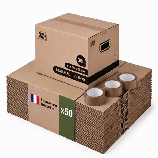 Pack and Move - Lot 50 cartons déménagement stockage livres - 40 x 30 x 30 cm - Poignées renforcées - 3 adhésifs offerts