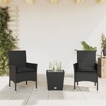 vidaXL Ensemble de bistro avec coussins 3Pièces noir résine tressée verre