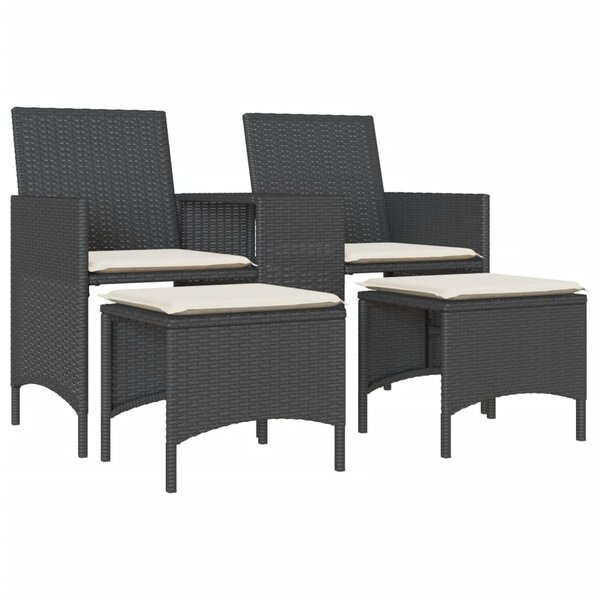 vidaXL Canapé de jardin 2 places avec table et tabourets noir rotin