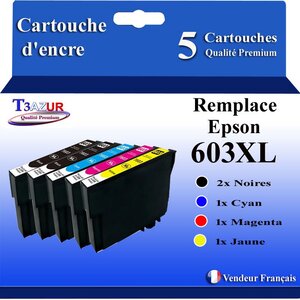 T3AZUR - 5 Cartouches Compatibles avec Epson 603 603XL Noire pour Epson WorkForce WF-2820DWF  WF-2830DWF  WF-2840DWF  WF-2850DWF  WF-2870DWF  WF2835-DWF