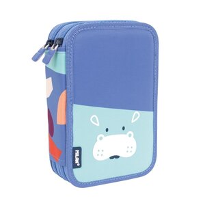 Trousse à crayons Milan Fun Animals à 2 niveaux avec 2 gommes  un taille-crayon  un crayon  un stylo capsule  une règle  12 crayons de couleur et 18 marqueurs - Bleu/Turquoise