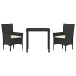 Ensemble de Salle à Manger de Jardin 3 Pièces avec Coussins en Rattan Poly Noir