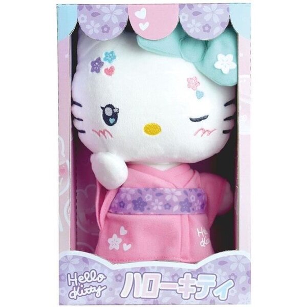 Peluche 22 cm version kawai avec kimono rose et tongs Hello Kitty