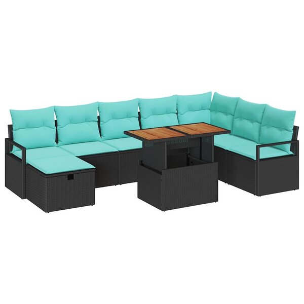 vidaXL Ensemble de canapé de jardin avec coussin 9 Pièces Noir Poly rotin