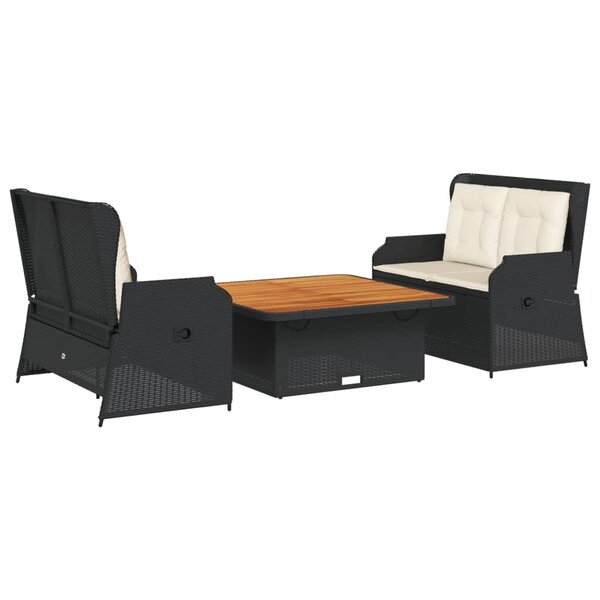 vidaXL Salon de jardin 3 Pièces avec coussins Noir Résine tressée