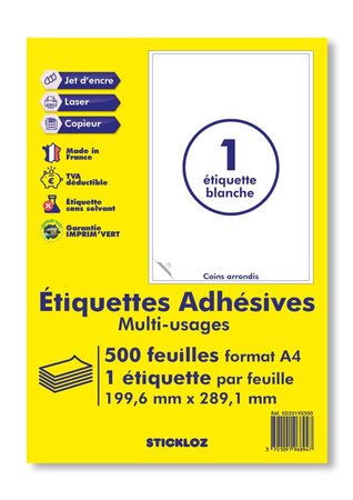 500 planches a4 - 1 étiquette 199,6 mm x 289,1 mm autocollantes blanche par planche pour tous types imprimantes - jet d'encre/laser/photocopieuse
